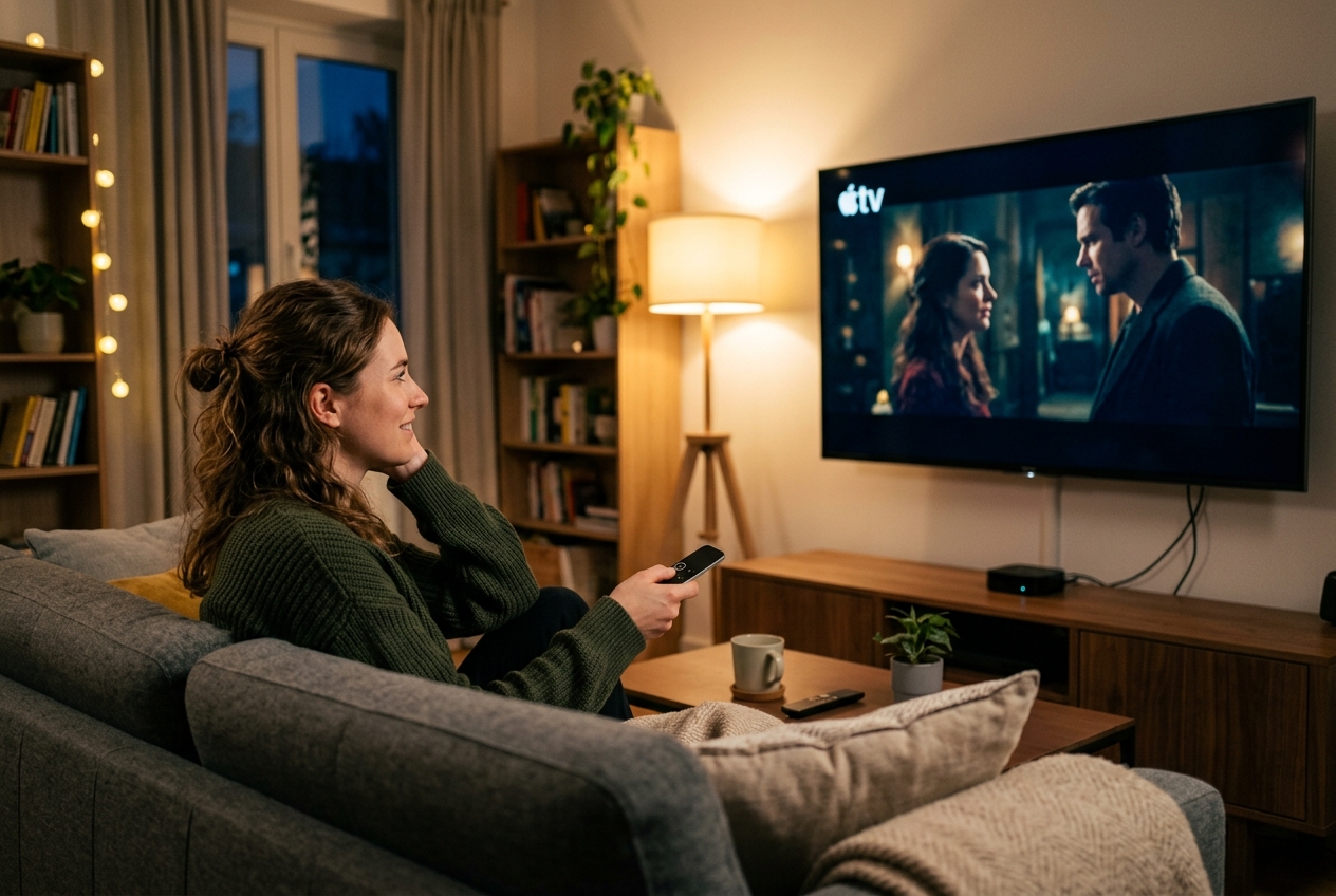 Une femme regarde une série sur un téléviseur affichant le logo Apple TV.
