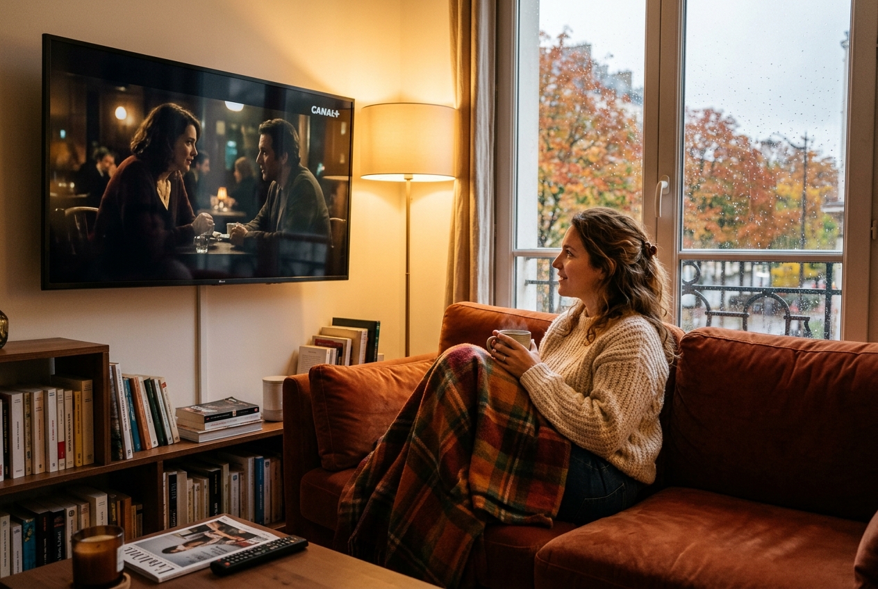 Une femme regarde un programme sur un écran Canal+ dans un intérieur en automne.