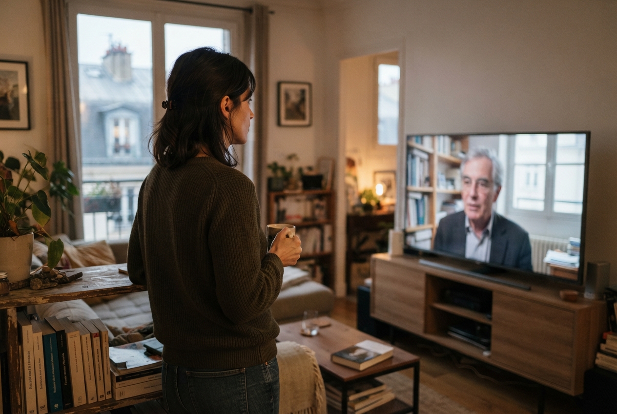 Une femme regarde un documentaire scientifique sur un téléviseur dans un salon.
