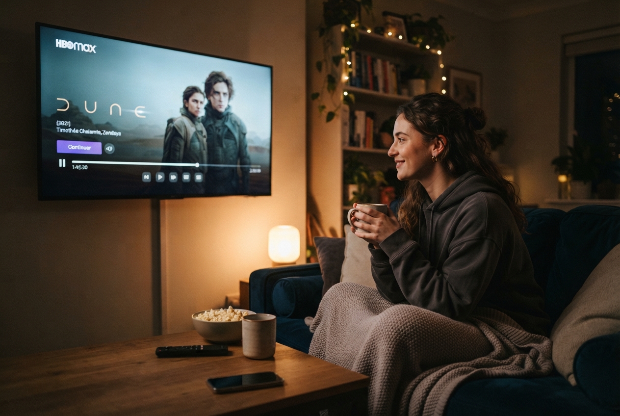 Une femme regarde un film sur la plateforme HBO Max sur un écran.