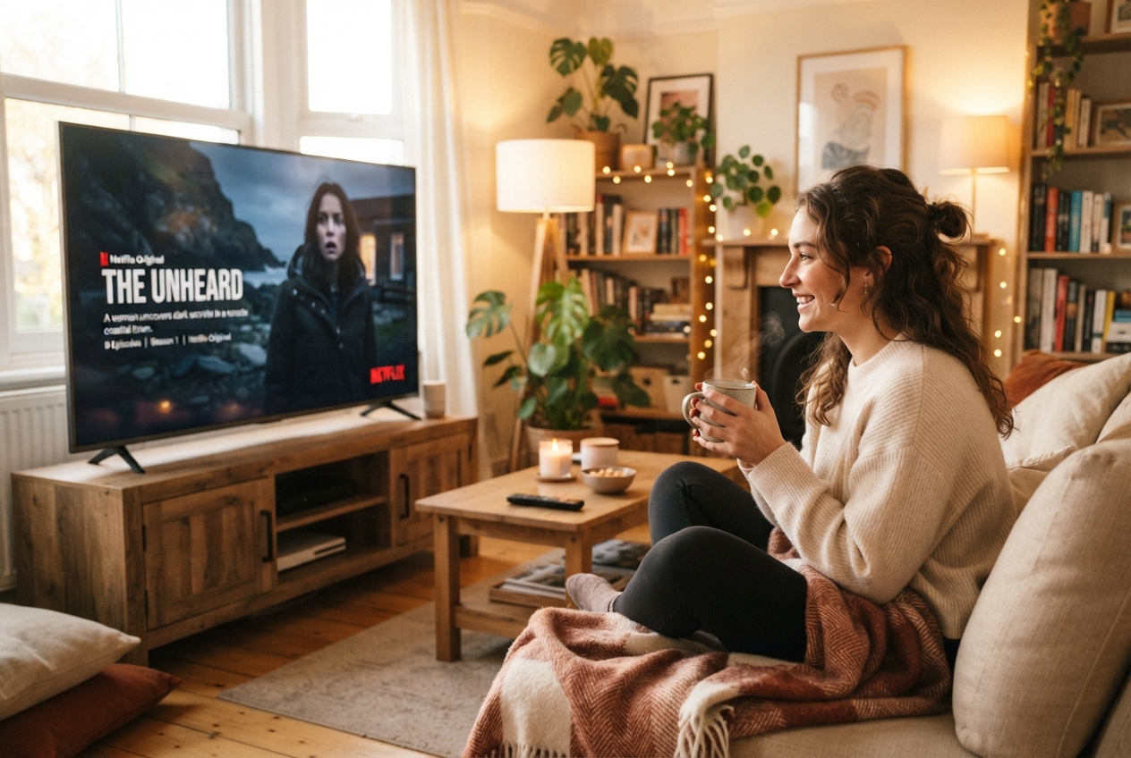 Une femme regarde la série The Unheard sur un téléviseur dans un salon éclairé.