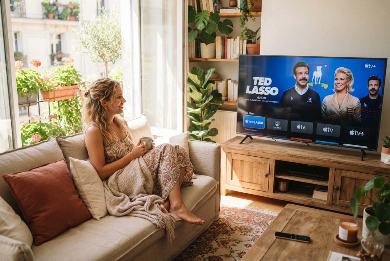 Une femme regarde la télévision dans un salon éclairé par la lumière du jour.