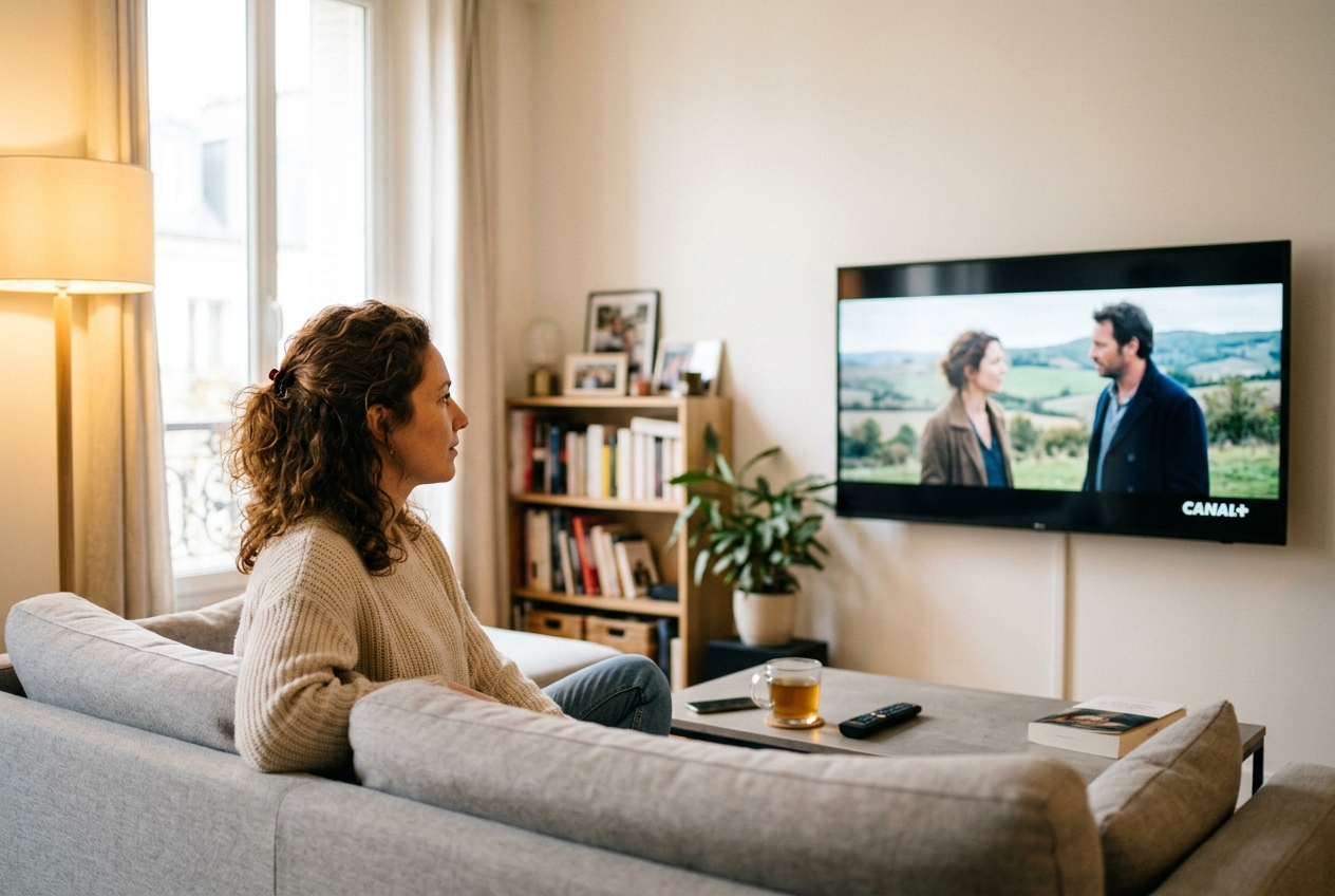 Une femme assise dans un salon regarde un programme sur un téléviseur.