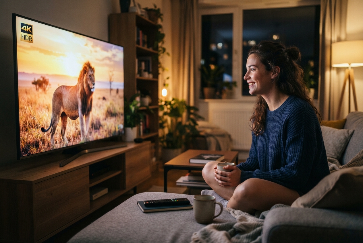 Une jeune femme regarde un programme télévisé sur un écran 4K.
