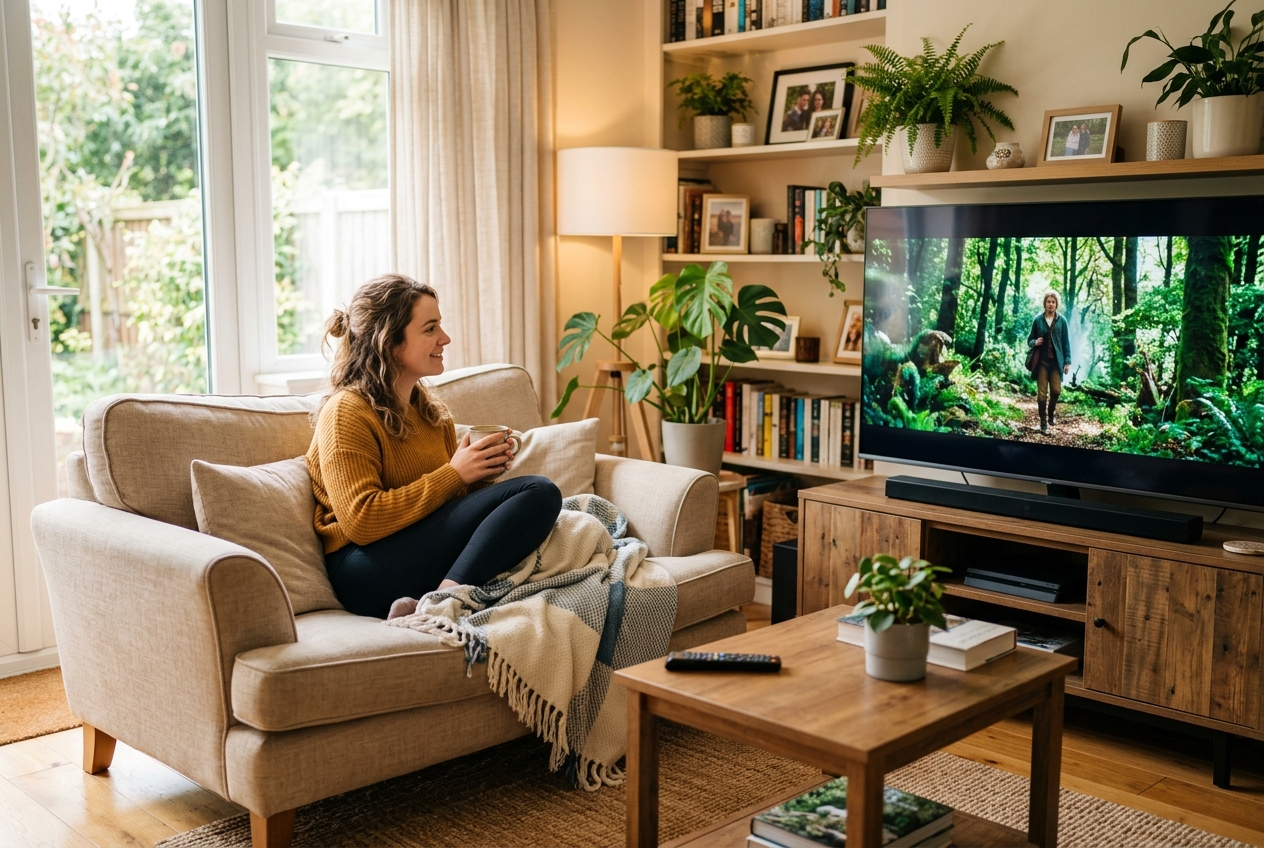 Une femme assise sur un canapé regarde la télévision dans un salon éclairé par la lumière du jour.