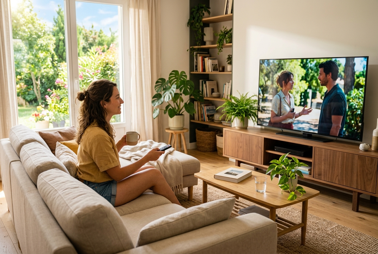 Une femme assise sur un canapé regarde la télévision dans un salon éclairé par la lumière du jour.