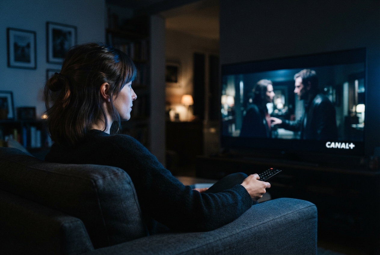 Vue par-dessus l'épaule d'une femme regardant un film sur un téléviseur dans un salon sombre.
