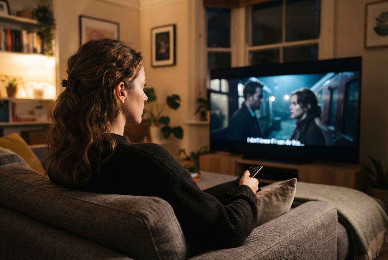 Femme assise sur un canapé regardant un film sur un écran de télévision dans un salon.