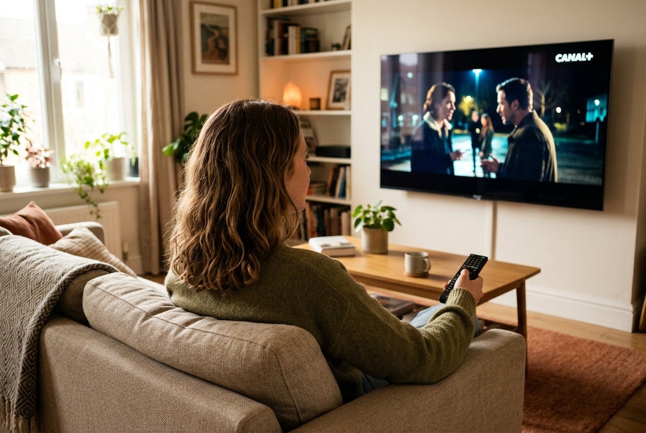 Vue par-dessus l'épaule d'une femme assise sur un canapé regardant un film sur un écran de télévision.