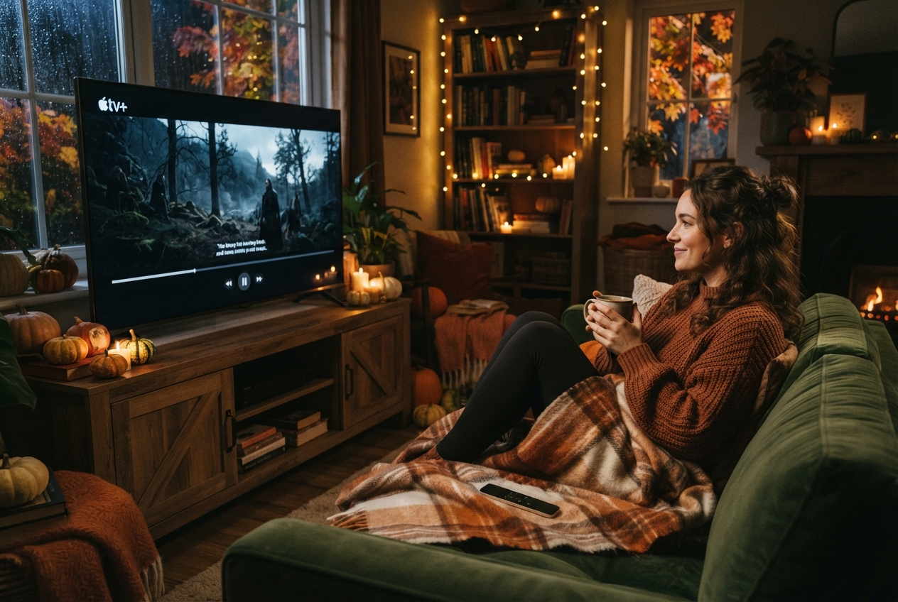 Une femme regarde un film sur une télévision en automne.