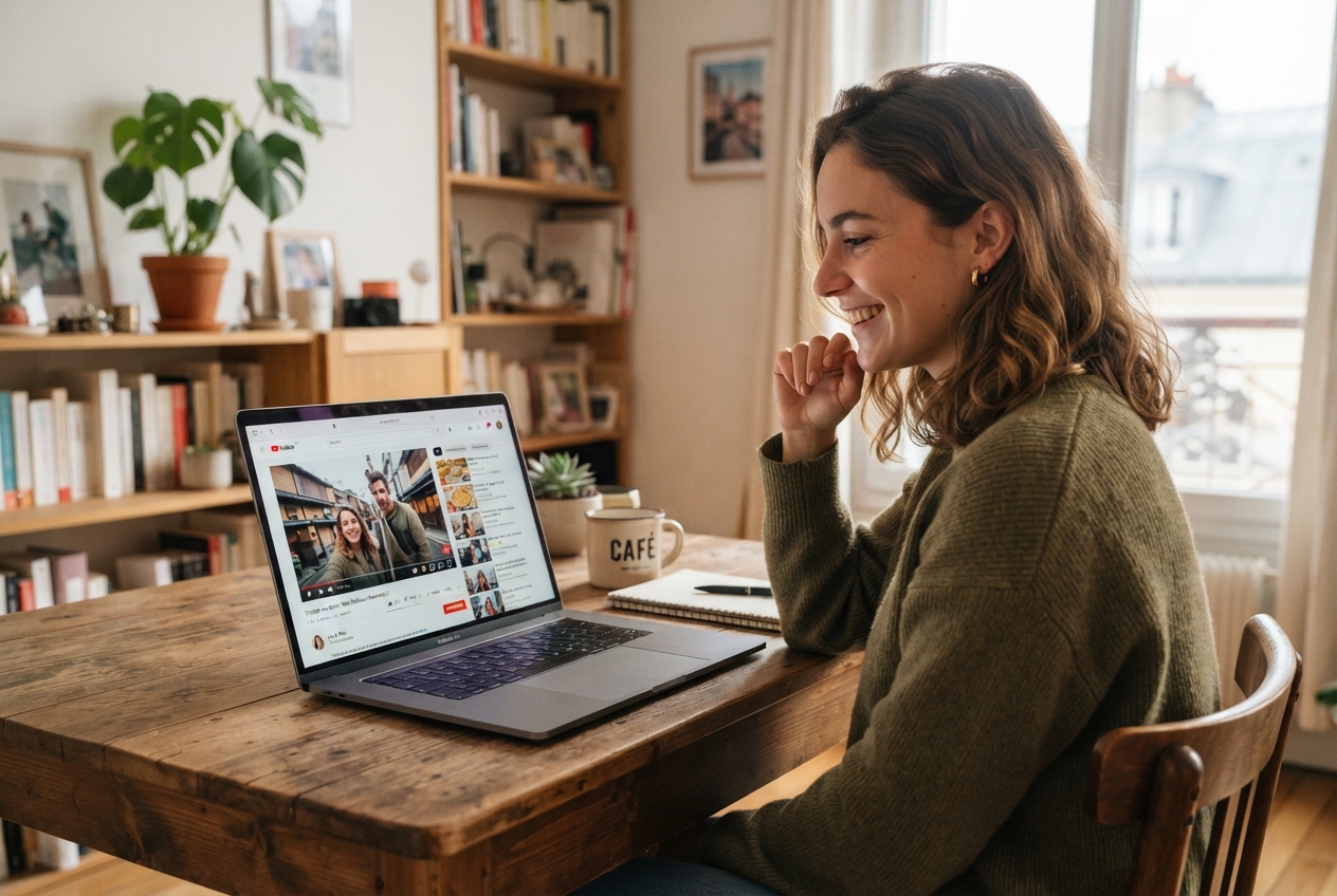 Une jeune femme regarde une vidéo sur un écran d'ordinateur.