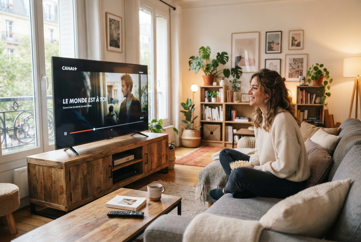 Une femme regarde un film sur un téléviseur diffusant Canal+ dans un salon moderne.