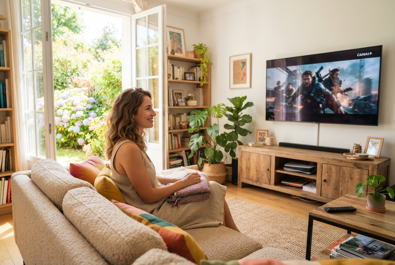 Une femme regarde un film sur Canal+ dans un salon ensoleillé.