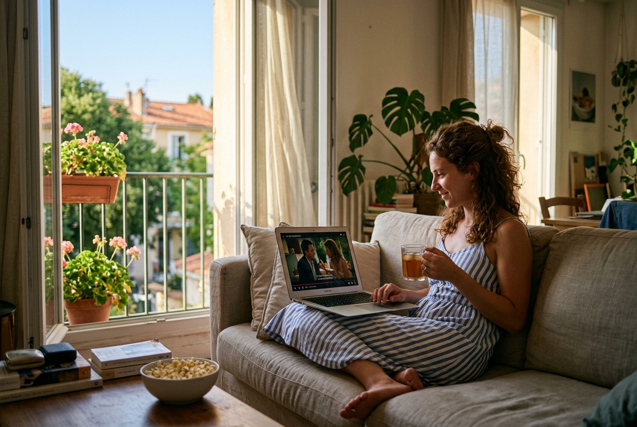 Une femme regarde un film sur un ordinateur portable en intérieur pendant l'été.