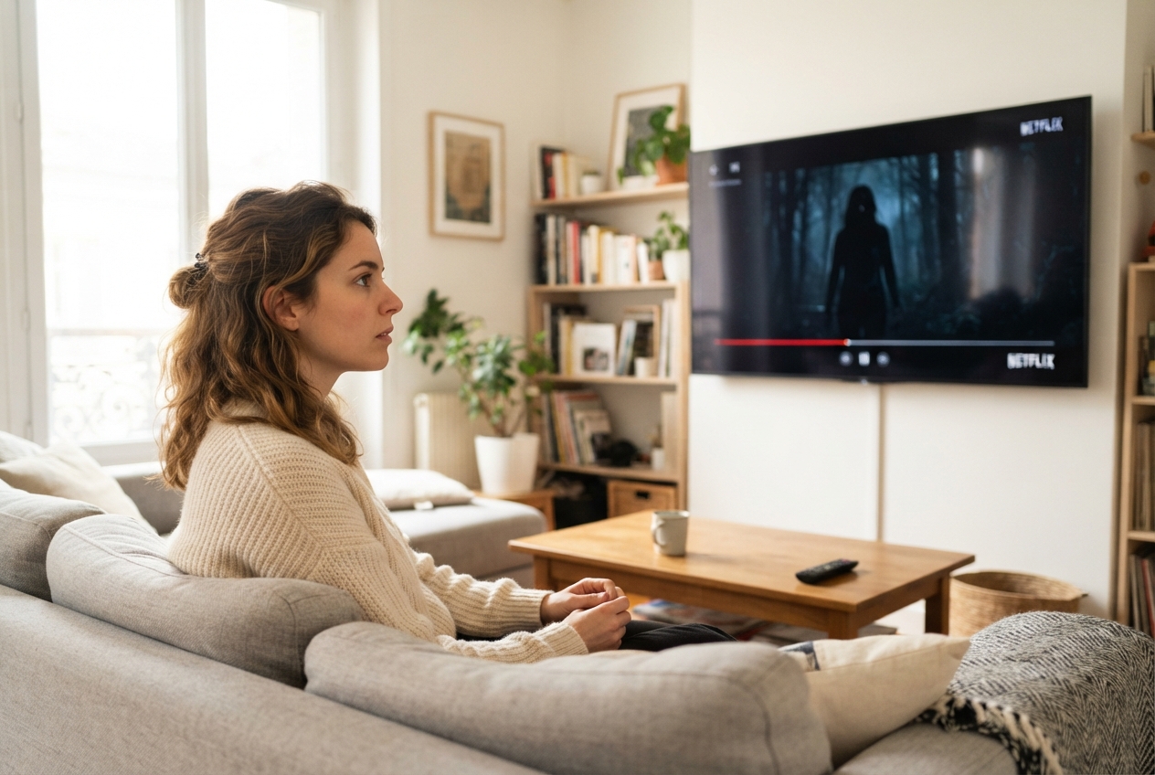 Une femme regarde un film d'horreur sur un écran de télévision dans une pièce éclairée.