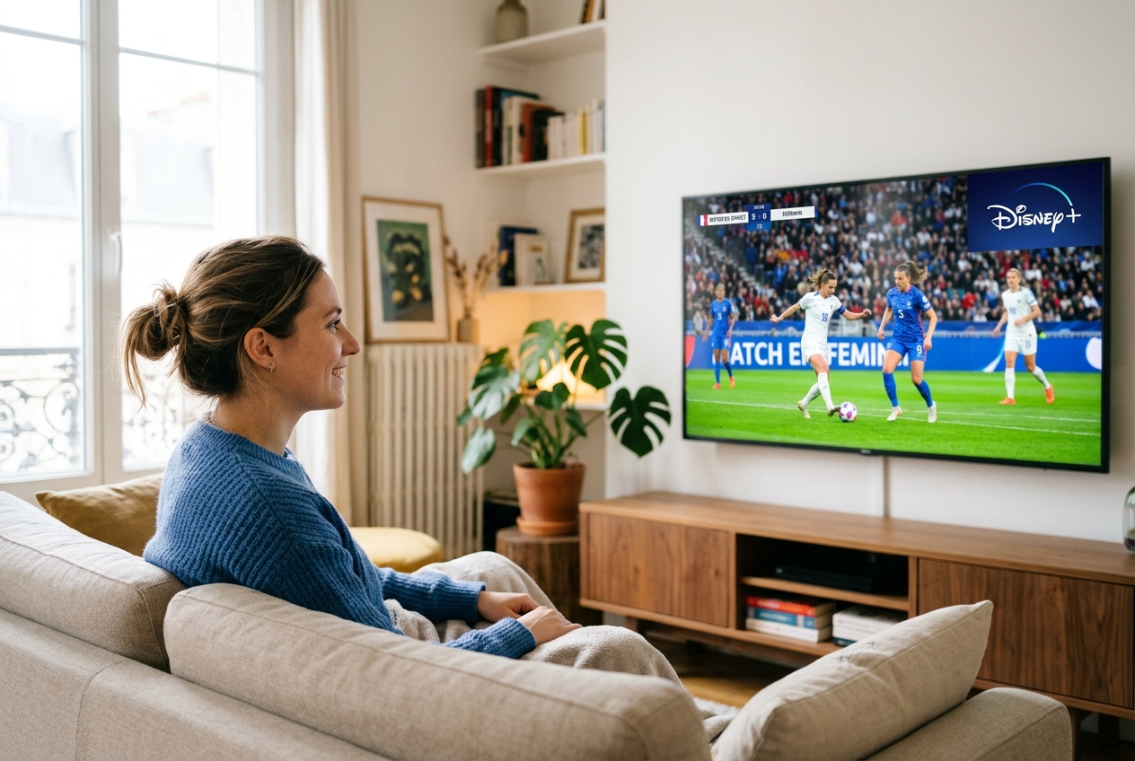 Une femme regarde un match de football féminin sur un écran affichant le logo Disney+.