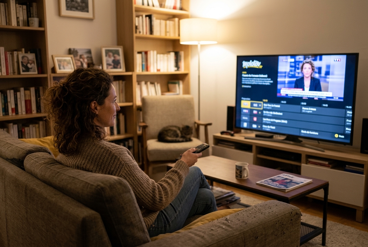 Une femme assise dans un salon regarde la télévision via l'application Molotov.