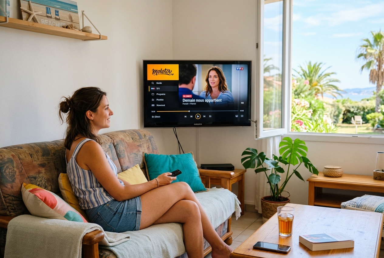 Une femme regarde la télévision via l'application Molotov dans une location de vacances en été.