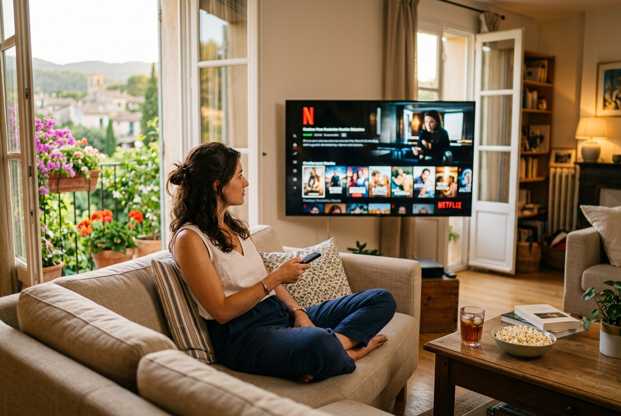 Une femme brune en pantalon regarde Netflix sur un écran en été.