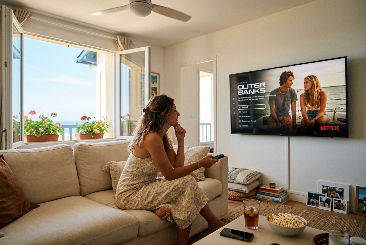Une femme regarde la série Outer Banks sur un écran de télévision en été.