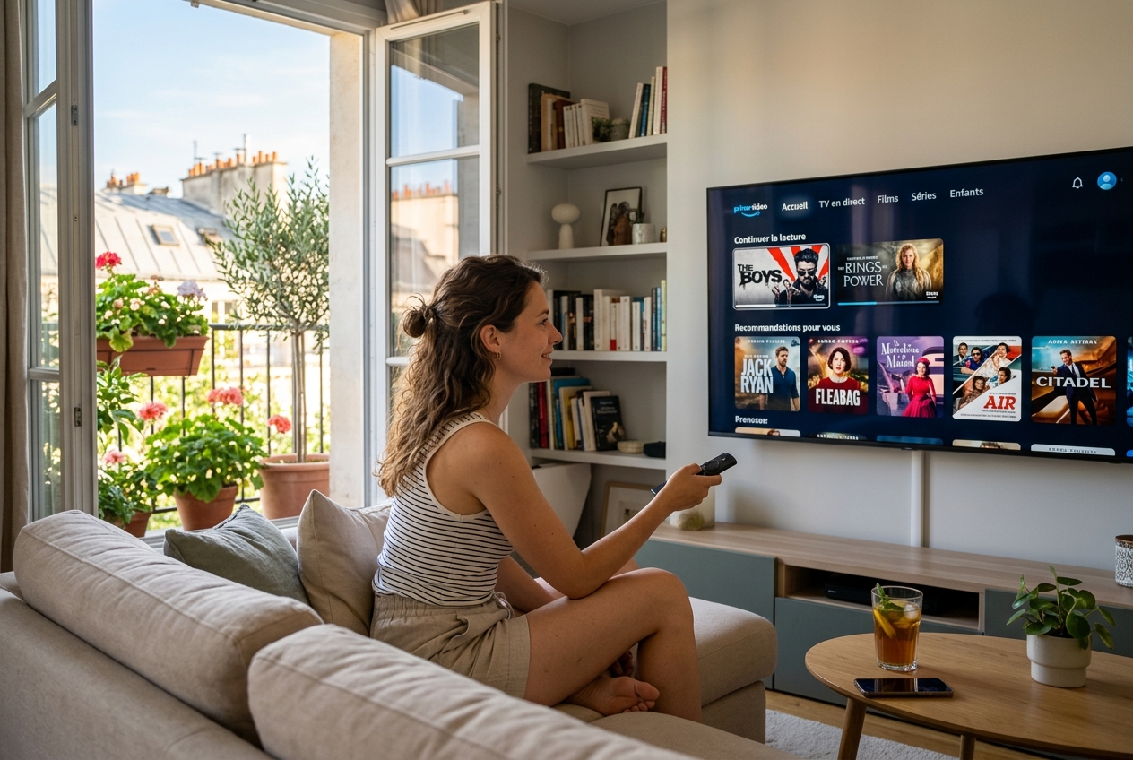 Une femme regarde l'interface Prime Video sur un téléviseur en été.