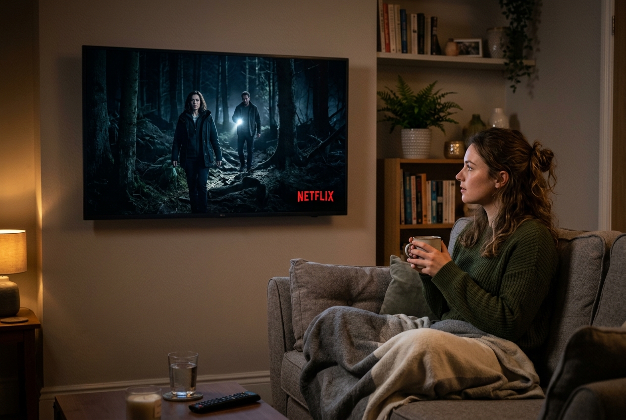 Une femme regarde une série thriller se déroulant en forêt sur l'interface Netflix.