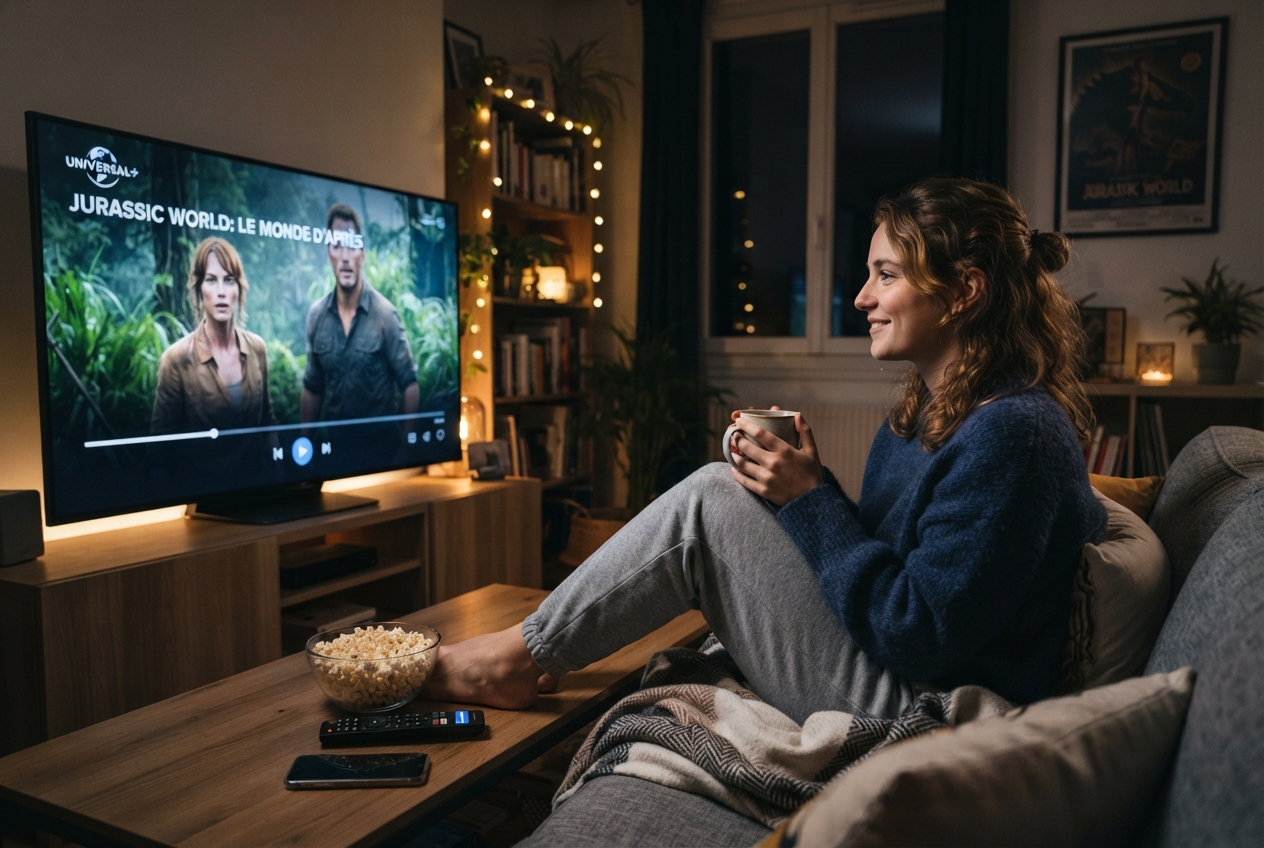 Une jeune femme regarde un film sur la plateforme Universal+ à la télévision.