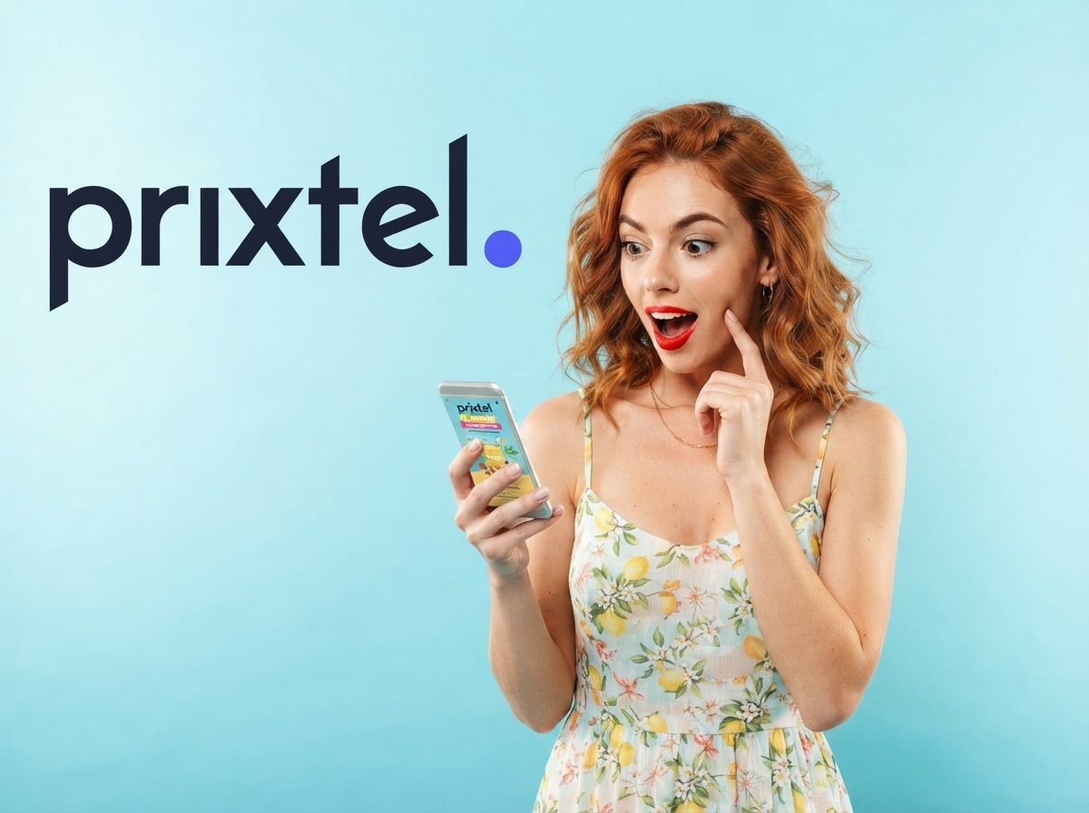 Femme rousse portant une robe à motifs de citrons, regardant un smartphone devant le logo Prixtel sur fond bleu.