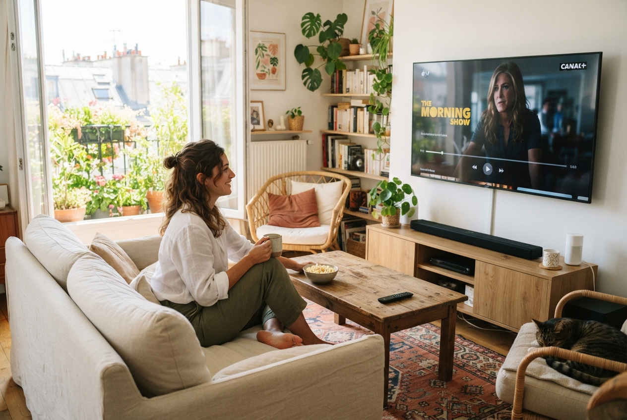 Une femme brune en pantalon regarde un film sur Apple TV via Canal+ dans un salon lumineux.