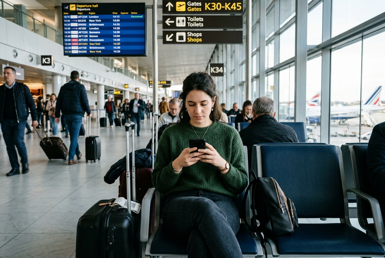 Une femme debout dans un hall d'aéroport regarde l'écran de son smartphone.