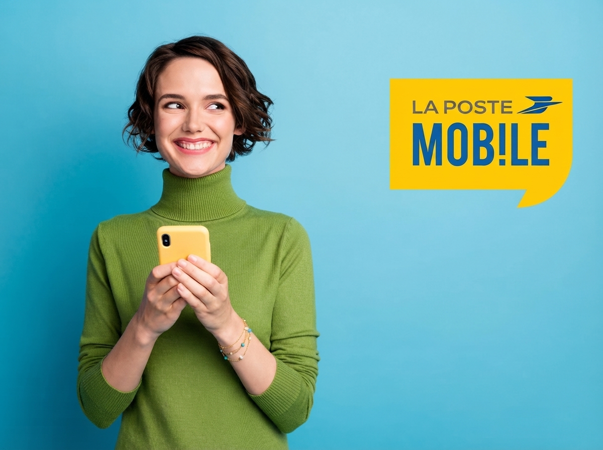 Femme avec smartphone sourit en regardant logo de La Poste Mobile, car codes promo sur les forfaits