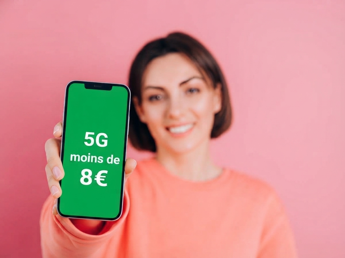 Femme montre smartphone avec "forfait 5G moins de 8€"