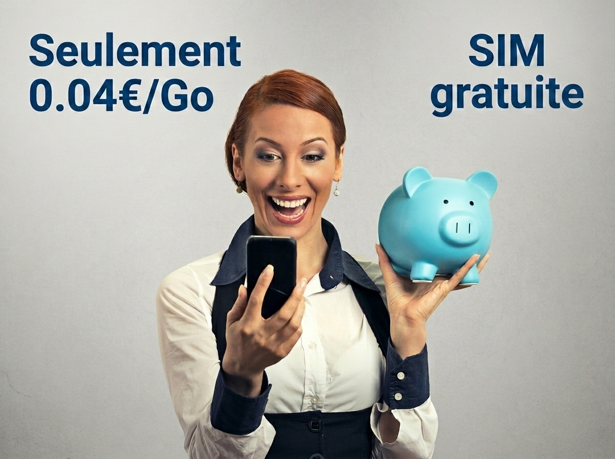 Femme avec tirelire cochon bleue et smartphone sourit, car seulement 0.04€/Go et SIM gratuit chez Lebara