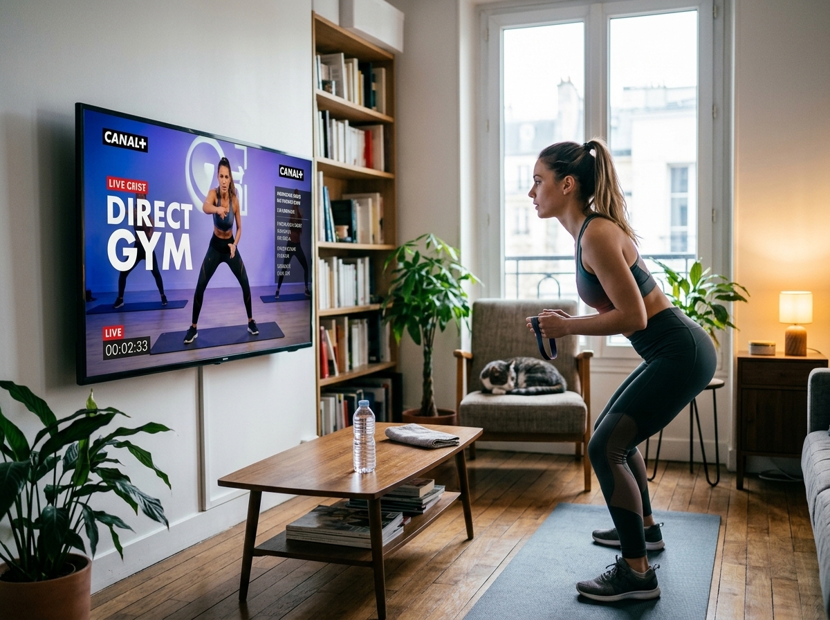 Une femme en tenue de sport fait des exercices devant un écran diffusant l'émission Direct Gym de Canal+.