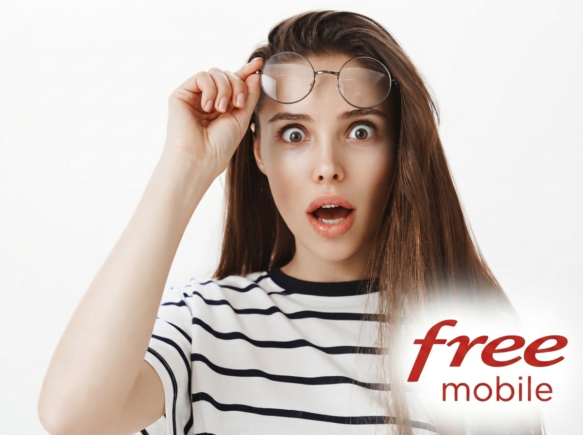 Femme en marinière soulève ses lunettes de surprise devant le pri de la série Free