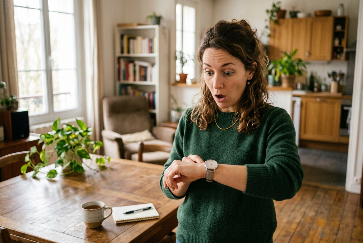Une femme regarde sa montre avec une expression de surprise dans une pièce éclairée par la lumière du jour.
