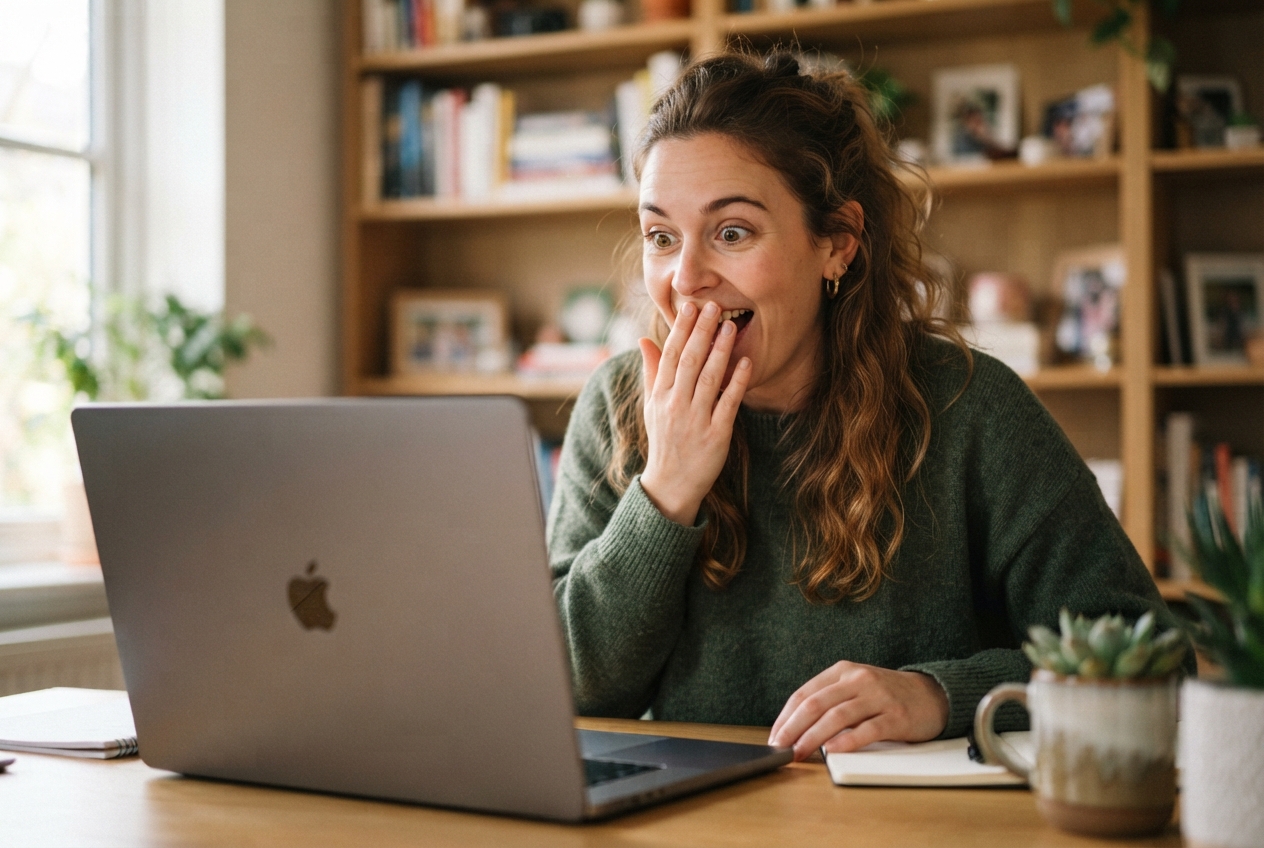 Une femme assise devant un ordinateur exprime sa surprise en regardant l'écran hors champ.