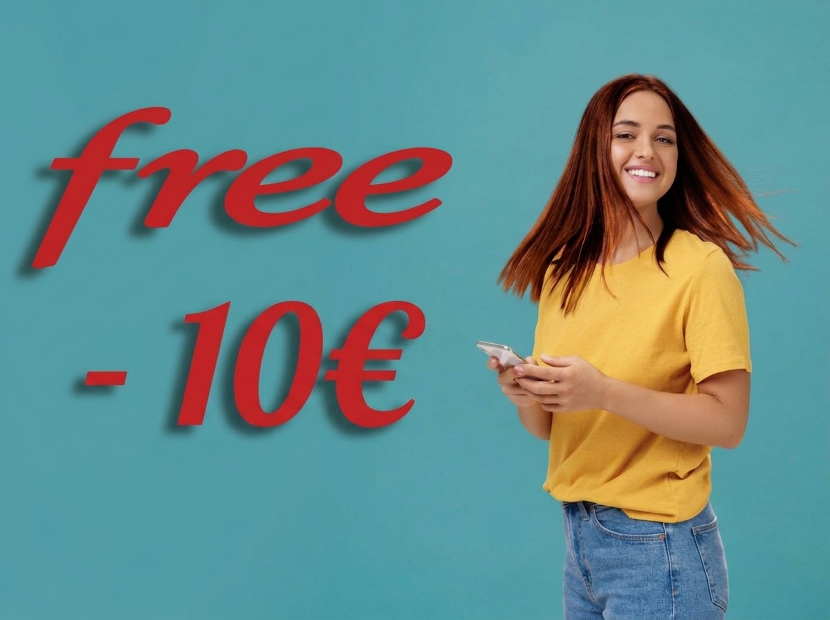Fille avec smartphone et logo Free et "-10€", le montant de la remise sur Forfait Free Max si abonné Freebox