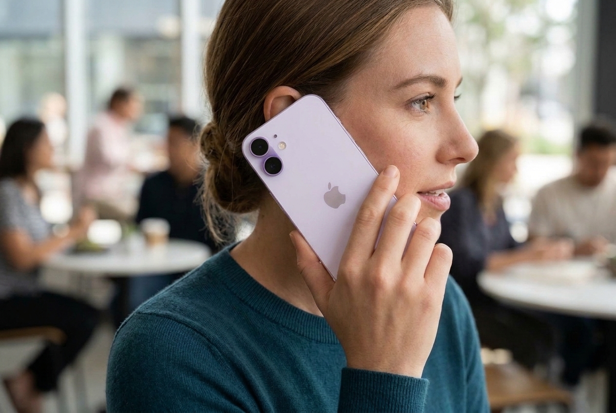 Une femme tient un smartphone violet contre son oreille pour téléphoner dans un café.