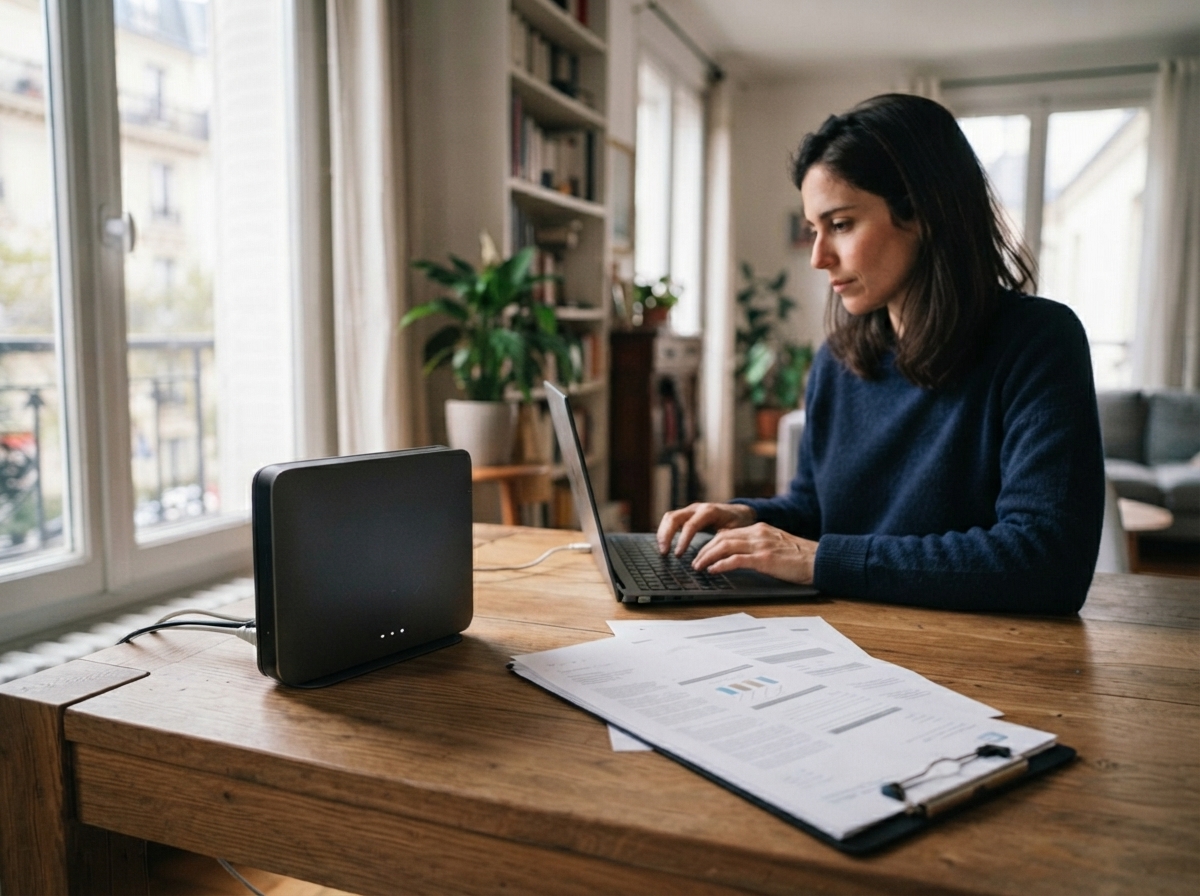 Une femme travaille sur un ordinateur portable à une table où est posée une box internet.