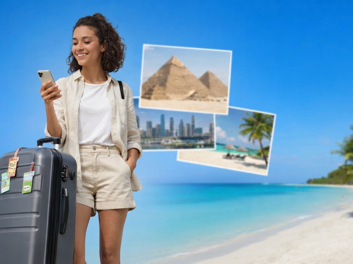 Jeune femme avec valise sur fond de plage et pyramides regarde smartphone, ravie de son forfait syma adapte au voyages