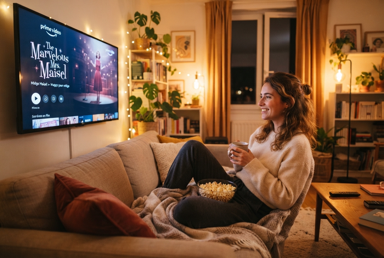 Une femme regarde un film sur la plateforme Amazon Prime Video dans une pièce éclairée.