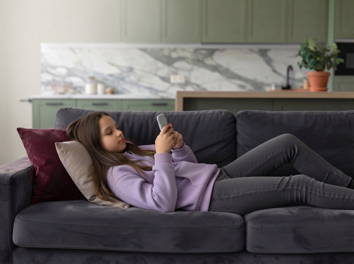 Une jeune fille allongée sur un canapé gris utilise un smartphone grâce à B&YOU