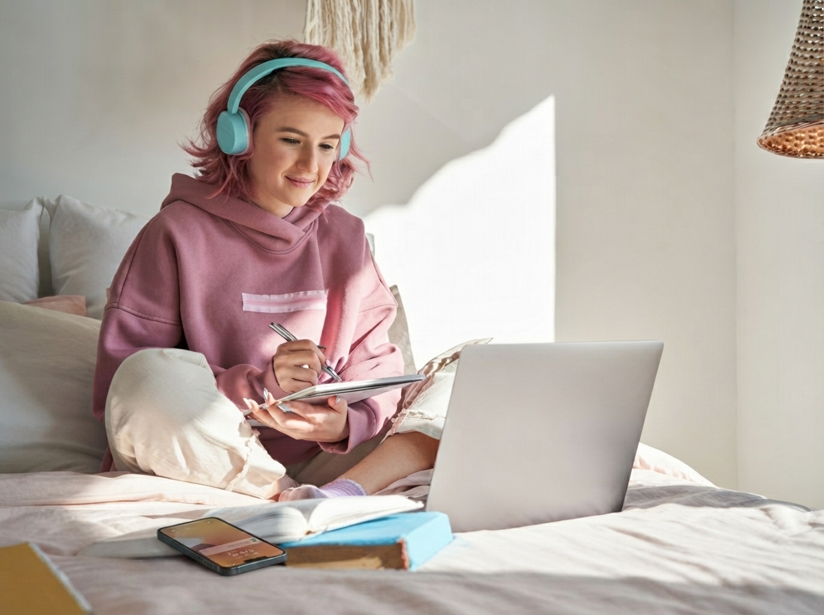 Etudiante révise sur son lit, avec PC portable et smartphone pour connexion partagée, plus économique qu'une Box