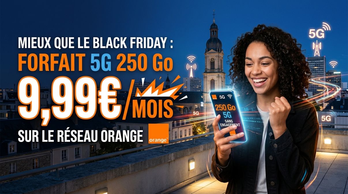 Femme avec smartphone et affiche pour forfait mobile 5G de 250 Go sur réseau Orange à 9.99€ mieux que le Black Friday chez YouPrice