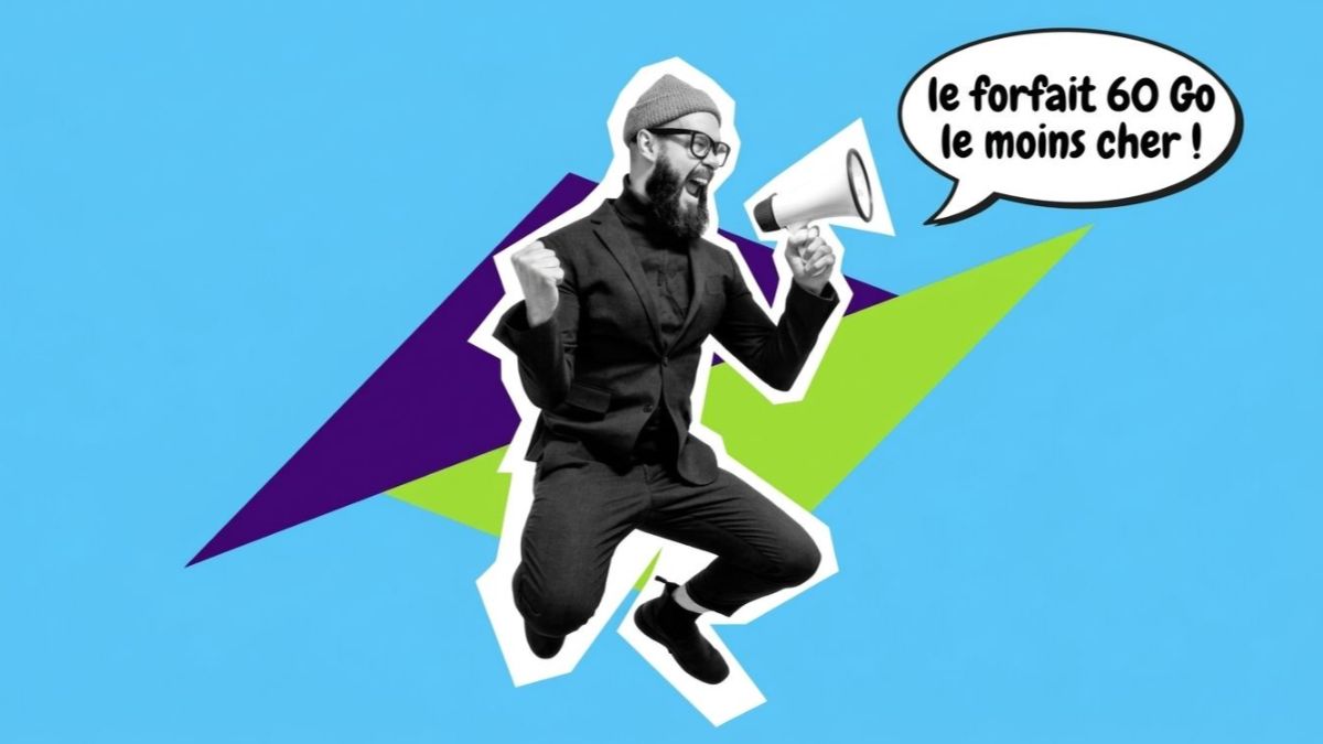 Homme avec mégaphone saute de joie car vente privée Ariase/NRJ Mobile pour 60 Go de 4G à moins de 6€