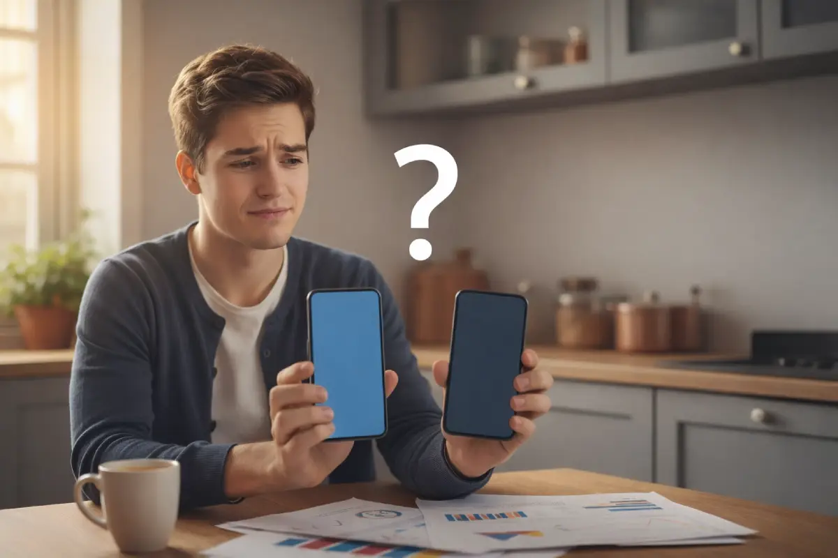 Homme avec deux smartphones hésite entre les forfaits à data illimitée de Free et NRJ Mobile