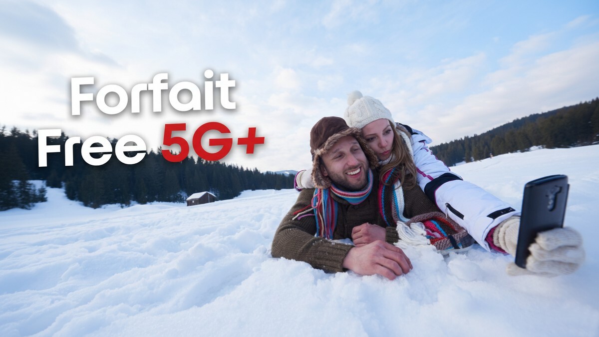Couple au ski tombé dans la neige avec smartphone et logo Free 5G+