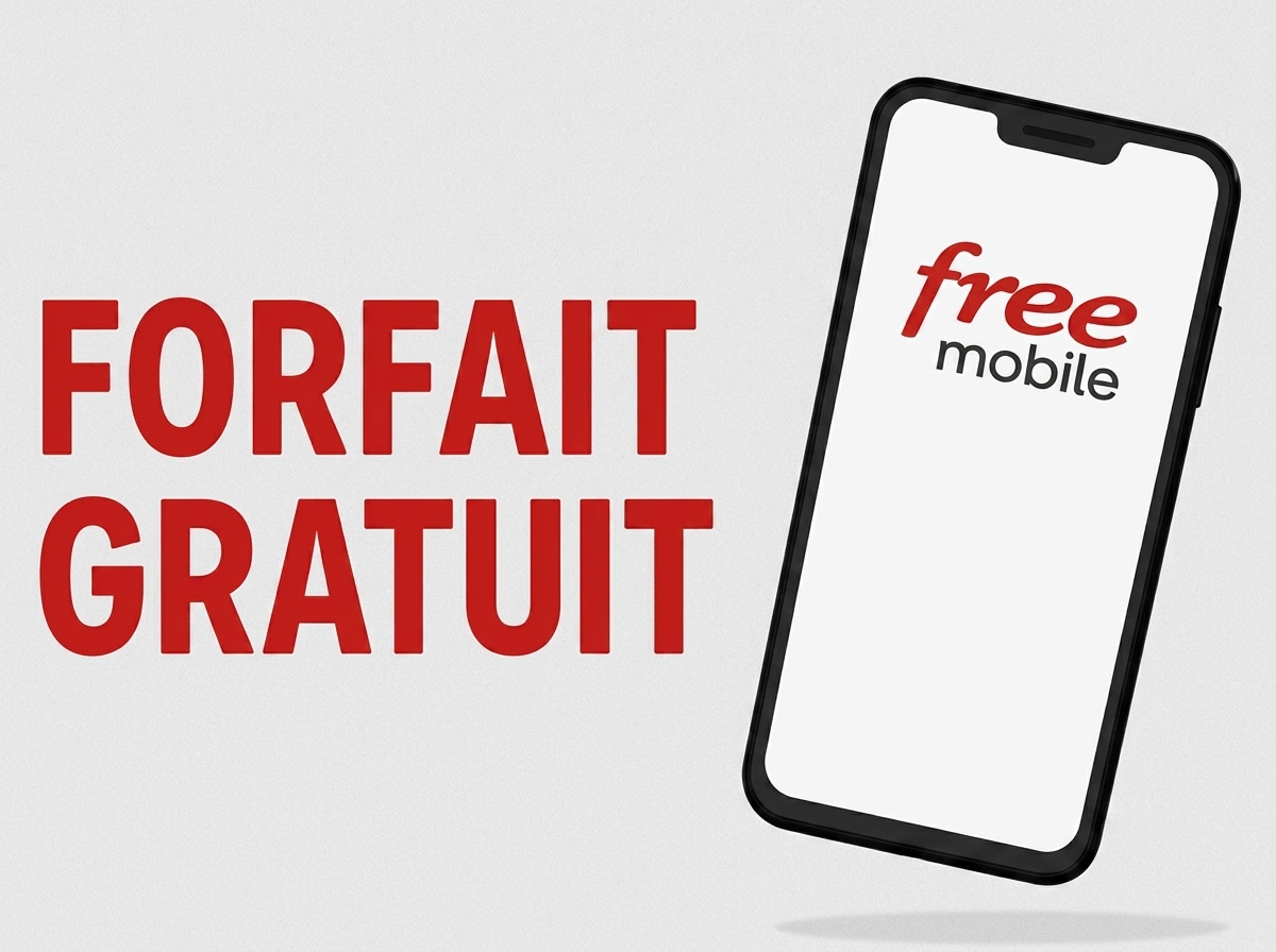 Smartphone marqué "forfait gratuit" et logo de Free Mobile, car mini forfait offert aux abonnés Freebox