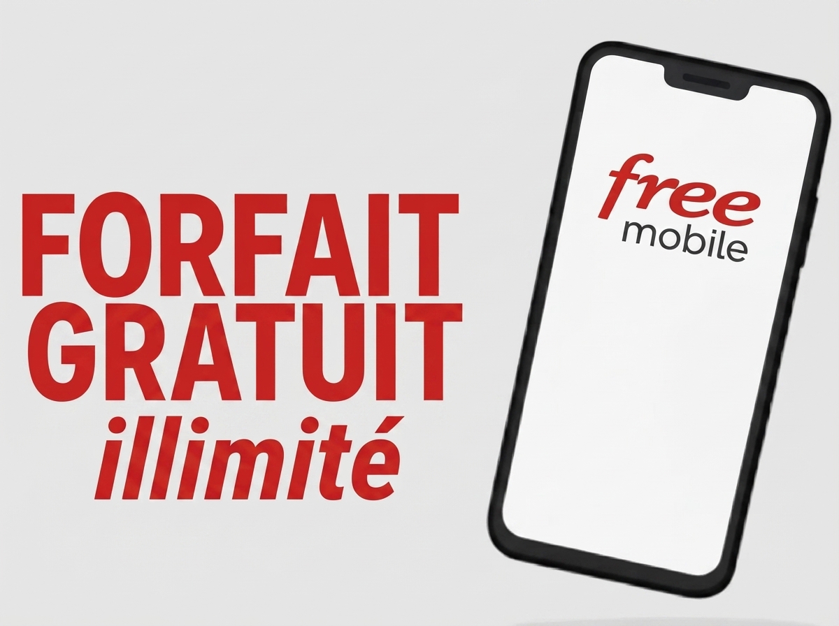 "Forfait gratuit illimité", à droite d'un smartphone inscrit Free Mobile, car mini forfait offert aux abonnés Freebox